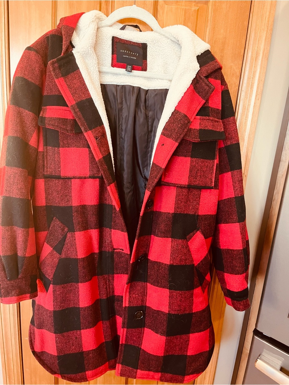 Red & Black Buffalo Plaid Sherpa-Lined Coat. Like new.  Fun for winter
